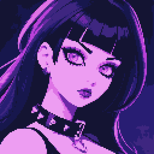curvy, busty goth girls face, whole head portrait, black hair, purple eyeshadow, red lipstick, purple bikini, studded collar, vibrant srgb colors, edgy aesthetic. 16 bit, anime style