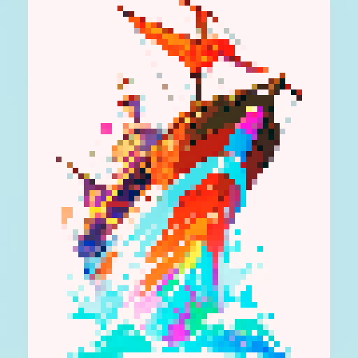 boat with billowing sail, shimmering waves, vibrant orange and pink hues, pixelated art style, sRGB, pixel art, 20 colors used