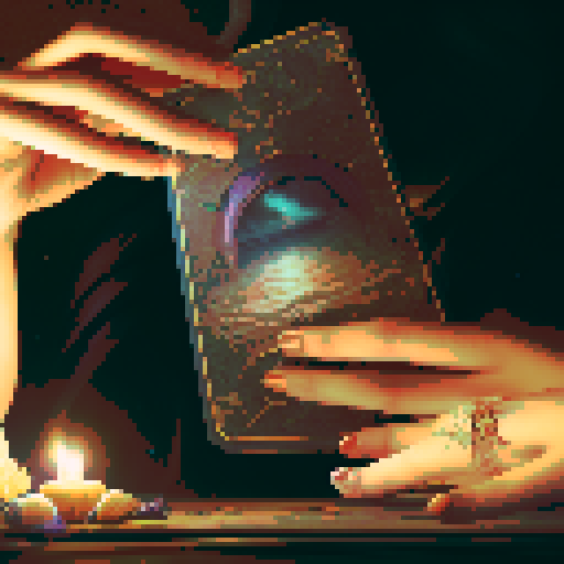 A close-up of a woman's hands over a table during a tarot card reading in a medieval dark style. The table is adorned with elements of the ocean such as sea shells, sand, and small pieces of coral. The atmosphere is mystical and dimly lit, with candlelight casting shadows that enhance the eerie and magical mood. The woman's hands are gracefully poised over the cards, which also have oceanic designs like waves and mermaids.