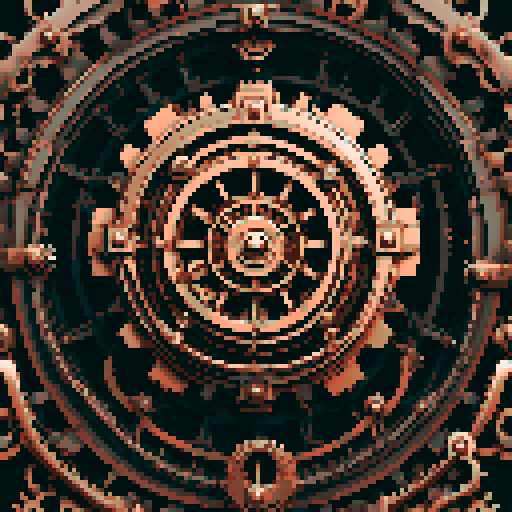 I want a copper gear that looks like it was made by a master clockmaker. It should have strange mechanical details that could interlock with each other. I also want this object usable an asset in a videogame, meaning only one object per image, outlined with a strong black stroke, on a solid-color background.