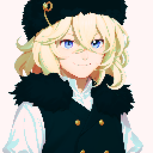 visual novel sprite,  solo male, straight-on, inframe, facing viewer, perfect anatomy, looking at viewer, manly, round pupils, best quality, very aesthetic, {{{{{blonde eyelashes}}}}}, light blonde, smile, closed mouth, light pink eyes, tareme, hair between eyes, ushanka hat, black fur collar, visual novel sprite, black vest, puffy sleeves, black elbow gloves, solo male, waist  and up, straight-on, inframe, round eyes, facing viewer, full body, big hair, short hair, perfect anatomy