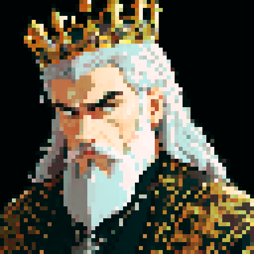king, regal, black metall crown, black crown, majestic, stoic expression, sharp features, beard, silver accents, silver royal robe, intricate embroidery, game icon, 32x32 pixel art, sRGB, skill art, close up, portrait, blonde hairs, detailed