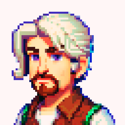 A Stardew valley style portrait for an NPC store owner character from the chest up. He is an older man with white hair in a ponytail,a navy and white aproned outfit, and brown eyes.