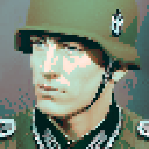 Soldier, army, human, pixelated, vibrant colors, intense gaze, strong jawline, military uniform, stoic expression, detailed facial features, sRGB