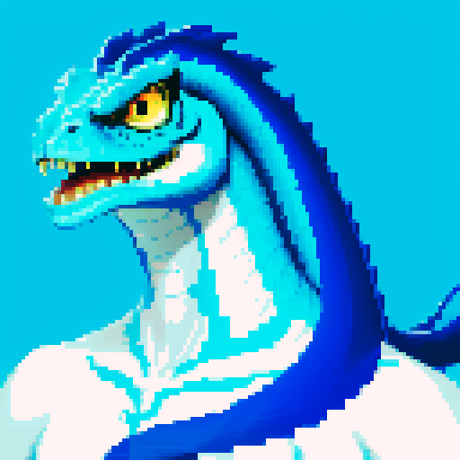 Basilisk with vibrant green scales, sharp serpentine eyes, and pixelated details in the color scheme of light blue and white