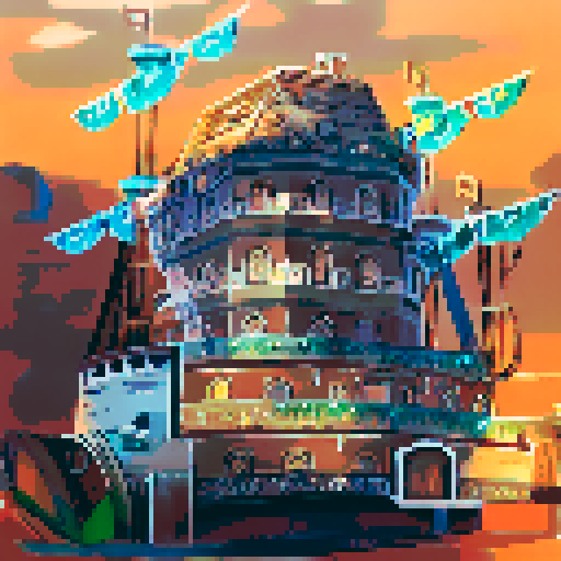 floating ship with water flowing down like a waterfall and steam, 10 stories tall, with blue colors and light  green details