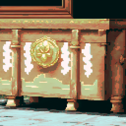 wooden chest with gold corners, gold decorations, front view, pixel art, sRGB, background, landscape, lush green grass, vibrant blue sky, towering mountains, flowing river, blooming flowers, rays of sunlight, birds flying in the distance