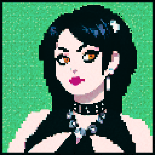 curvy, busty goth babe with studded collar. big titty goth wearing halter top, in a close up  glamour shot. 8-bit low resolution pixel art. modern tile backsplash.