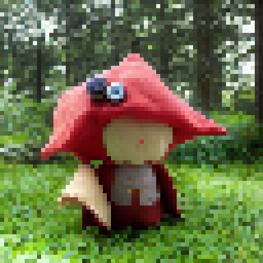"Sack doll with button eyes and a neat mouth, clutching a glittering gemstone, stands in a mystical forest surrounded by glowing mushrooms and towering trees, with a dragon soaring in the distance."
