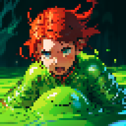 hero sinking into slime, hero drowning in slime, hero has red hair, hero has silver armor, reaching up, panic, sinking deep into slime