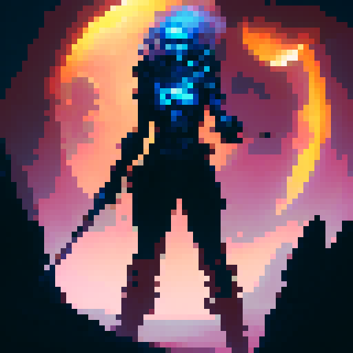 female swordsman, tall and confident, wielding a gleaming sword, standing defiantly before a towering, otherworldly space monster, its grotesque form shrouded in darkness, a scene straight out of a captivating fantasy RPG like Phantasy Star