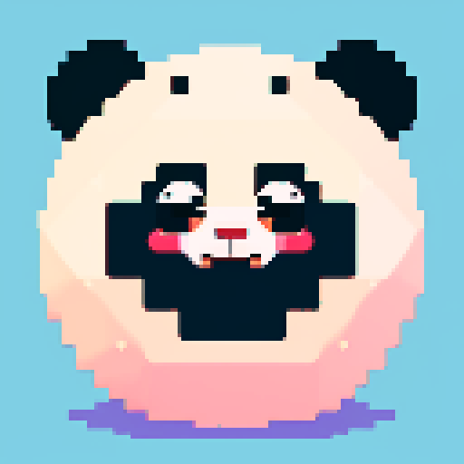 headshot of happy panda with round, adorable eyes, rosy cheeks, and a big smile, in a pixelated art style with vibrant, sRGB colors