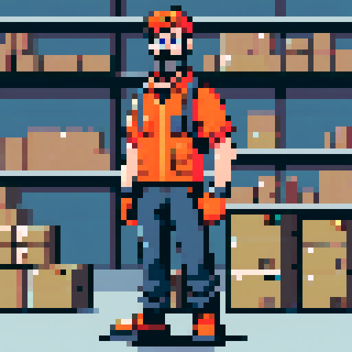 young, bearded, male warehouse worker, Amazon Germany, pixel art