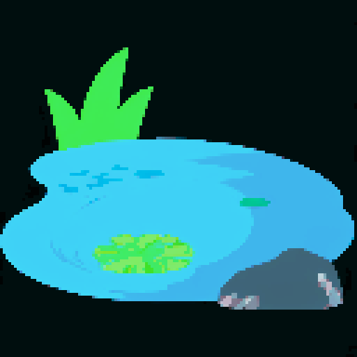 A trout relaxing in the pond, pixel art, vibrant colors, shimmering water, serene atmosphere, lily pads, gentle ripples, sunlight filtering through trees, moss-covered rocks