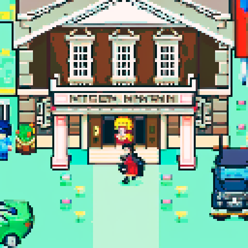 big, modern city map with interchangeable tiles, bustling street with vibrant characters, entrance of a towering building, road lined with pixel art lampposts, colorful storefronts, sRGB color palette creating a lively and immersive pixel art cityscape