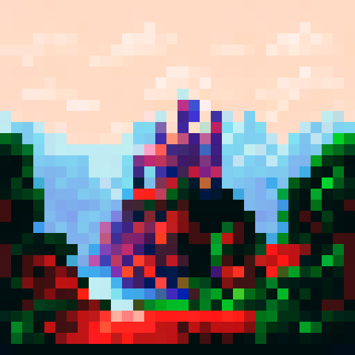 Tiny gun, shiny metal, red trigger, 10x10 pixels, nestled in a lush green landscape with a clear blue sky backdrop - all in pixel art