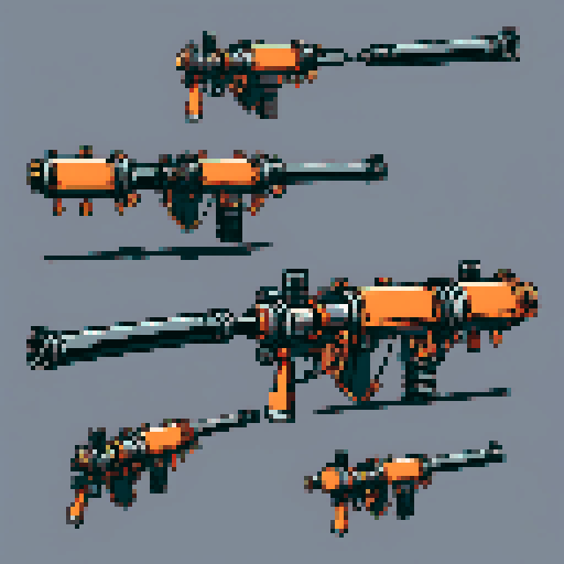 I want to see a simple minigun with 8 barrels floating in the center of the frame. It should have strange mechanical details that could interlock with others. I want this object usable an asset in a videogame, meaning only one object per image, outlined with a strong black stroke, on a solid-color background. 