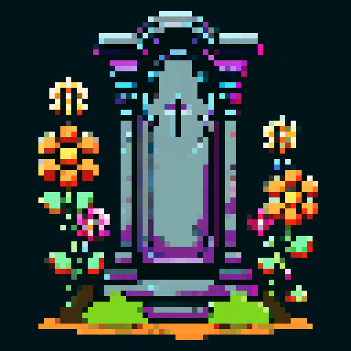 Tombstone, weathered and cracked, adorned with intricate pixel art flowers, against a vibrant sRGB against dark background