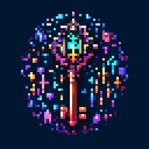 magical key, glowing with vibrant colors, surrounded by mystical symbols, rendered in intricate pixel art, against a background of dark sRGB hues
