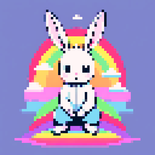 A white rabbit meditating on a rainbow background