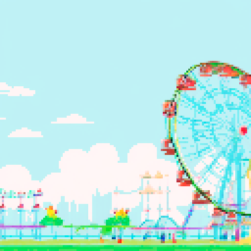 wide shot amusement park, vibrant colors, whimsical carousel, towering roller coaster, ferris wheel in motion, candy-colored stalls, pixel art style