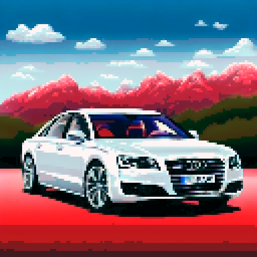 photorealistic Audi A8, centered, three quarter view, clean background, pixel art, sRGB