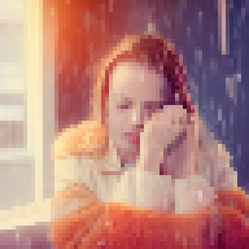 Serious-looking person in a cozy house with rain pouring outside, surrounded by warm colors and rustic textures.