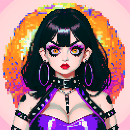 curvy, cute busty goth girl's face, whole head portrait, black hair, purple eyeshadow, red lipstick, low cut black studded leather halter top, studded collar, vibrant sRGB colors, edgy aesthetic,  seductive look.