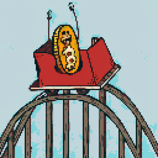 Amusement park, vibrant roller coasters, whimsical carousels, towering ferris wheels, sRGB colors, pixel art
