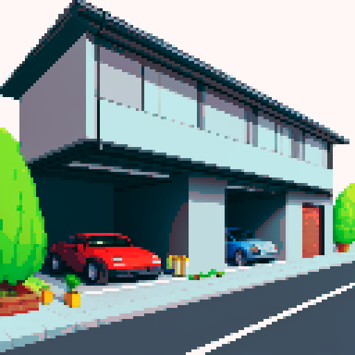 Open garage for cars, grey, asphalt, tools, car parts