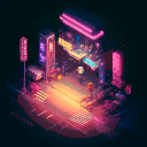 isometric 3D perspective, anime girl hovering in street, Japanese cyberpunk, neon lights, futuristic cityscape, dark colors, pixel art
