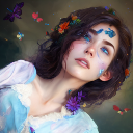 Brown-haired, blue-eyed maiden amidst a sea of vibrant blooms and fluttering butterflies, in a Fantasy RPG art style.