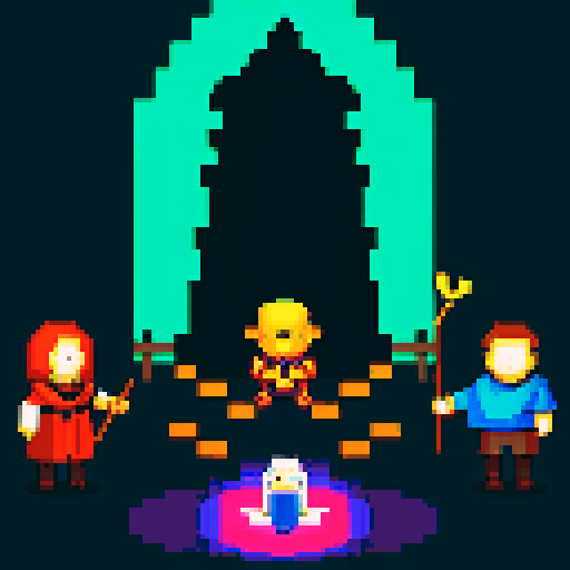 three men, archmage and his apprentices , magic staff, light at the archmage, dark place, king with staff, cant see eyes, eyes in shadow