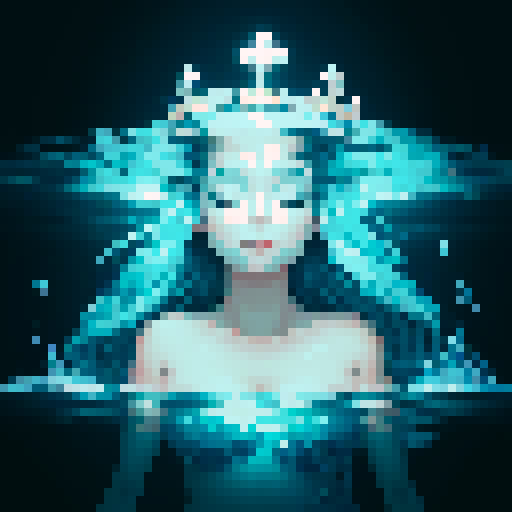Create a close-up image of a mermaid with a crown, partially submerged underwater. Half of her face is above the water's surface, revealing her beautiful features. The underwater portion of her face should show her aquatic beauty, with the serene, mysterious ambiance of the ocean surrounding her. The crown should have an ethereal, shimmering quality, adding to her majestic presence.