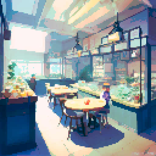 busy city cafe interior, winter cold, crowded tables, steaming cups, baristas brewing coffee, pixel art, sRGB