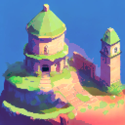 old observatory on the top of the hill, sunset, trees on the sides, dark