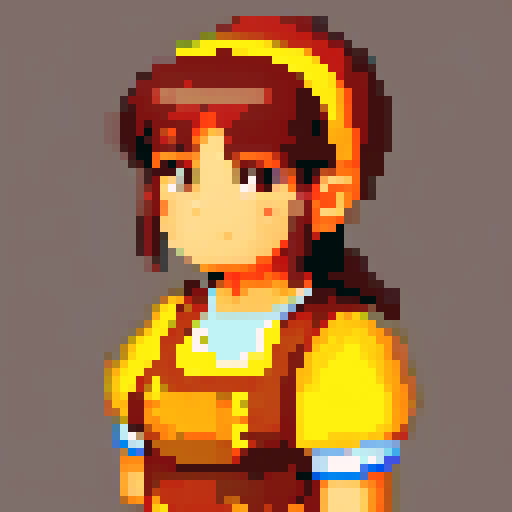 tavern keeper woman portrait, non-vibrant colors, retro video game style, intricate pixel art details, glum expression