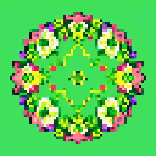 vibrant green plant, delicate stems, intricate flowers, retro color palette, low resolution pixels, vibrant hues, sharp edges, nostalgic vibes, limited color palette, 8-bit charm, crisp details, playful composition, nostalgic video game aesthetic, intricate patterns