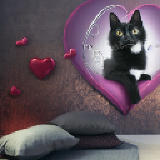"Doe-eyed tuxedo cat perched on heart-shaped pillows, surrounded by floating love letters, framed by a bright red heart border with 'SHADOW' on the bottom, all in a Fantasy RPG style."
