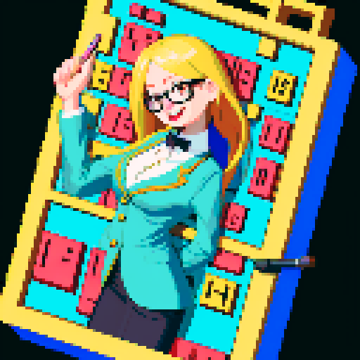 Smart girl with glasses, decently dressed with average breasts in clothes, mathematics, playful, cheerful, smiling, with a pointer in her hand, full length, long blond hair