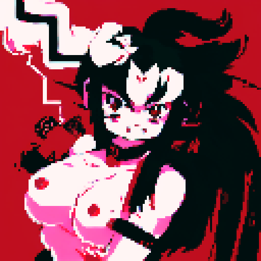 Half-demon warrior with long black hair cascading down their back, captivating fusion of contrasting elements, red eyes reflecting fierce determination and vulnerability, attire blending traditional and modern influences from human and demon cults, character portrait, close up, anime style, pixel art