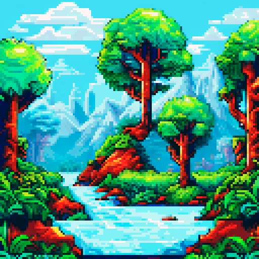 Winterly jungle with towering evergreen trees, snow-covered ground, a frozen river winding through, and a small cabin tucked amidst the icy landscape, all depicted in sRGB pixel art