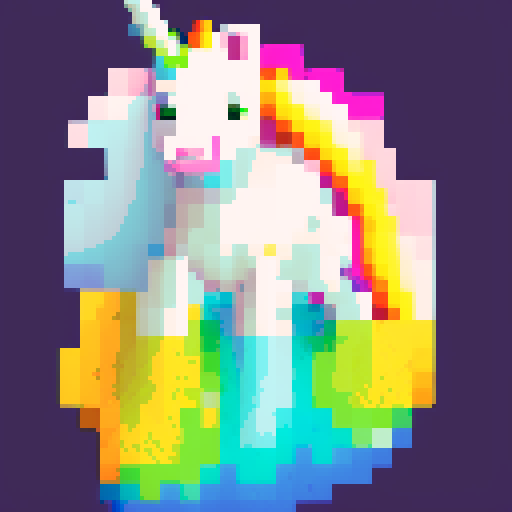 majestic white unicorn, vibrant rainbow mane and tail, sparkling horn, ethereal glow, mesmerizing pixel art