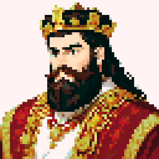 king, regal, crown, majestic, stoic expression, sharp features, detailed beard, gold accents, royal robe, intricate embroidery, game icon, 32x32 pixel art, sRGB, skill art, close up, portrait