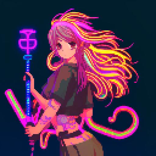 Mage anime girl with flowing hair, fluorescent tattoos, and a glowing staff, navigating through a purple neon-lit night market, vibrant colors, intricate patterns, retro aesthetics, pixel art