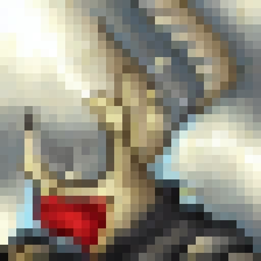 Golden warrior E, wielding a fiery sword and clad in shining armor, prepares for battle against a looming dragon in a skillfully crafted game icon-style 32x32 pixel art close-up portrait, with a vibrant and dynamic color palette.
