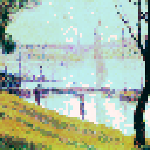 Mimic Georges Seurat’s pointillist technique by translating the details of the image into small, evenly spaced pixels with soft, blended colors. Focus on subtle, muted tones to evoke Seurat’s impressionist style, creating a calm and serene atmosphere. Ensure that the pixelated image reflects the original composition but maintains the abstract, dotted feel of pointillism, while avoiding vivid or harsh colors, opting instead for smooth, harmonious transitions between shades.