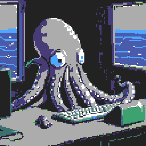 huge octopus, seated at a desk, typing on a laptop, pixelated tentacles, vibrant colors, low-resolution, retro aesthetic