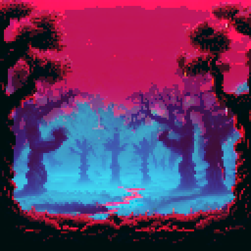 Eerie twisted trees, illuminated by electric bolts, tower over a desolate landscape in a pixelated sRGB rendering of a dark and menacing forest during a thunderstorm