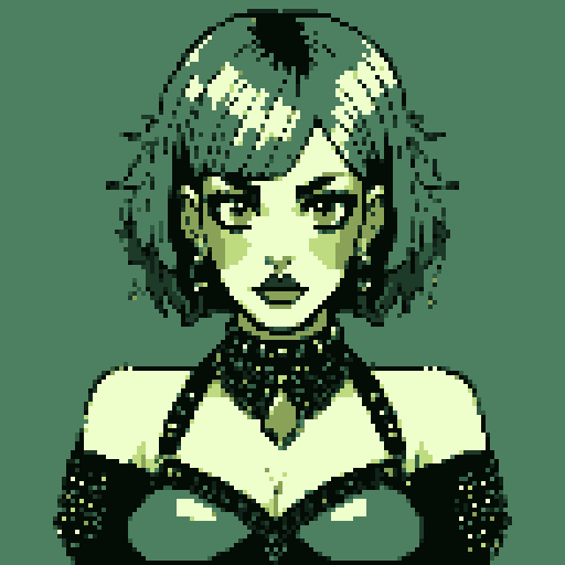 curvy, busty goth girls face, whole head portrait, black hair, purple eyeshadow, red lipstick, low black studded leather halter top, studded collar, vibrant srgb colors, edgy aesthetic